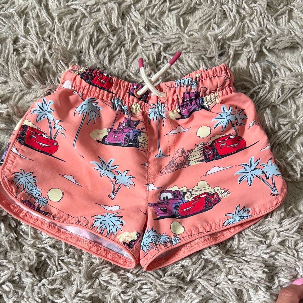 Zara Kids Coral Swim Trunks with Car Print